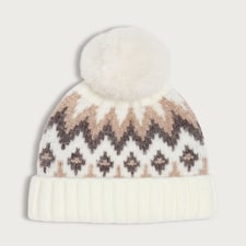 F&F Knitted Fair Isle Pattern Pom Pom Beanie Hat in Neutral
