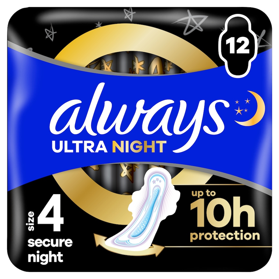 Obrázek 1 pro produkt Always, Ultra Secure Night (Velikost 4) Hygienické Vložky, Křidélka x 12, Vložky