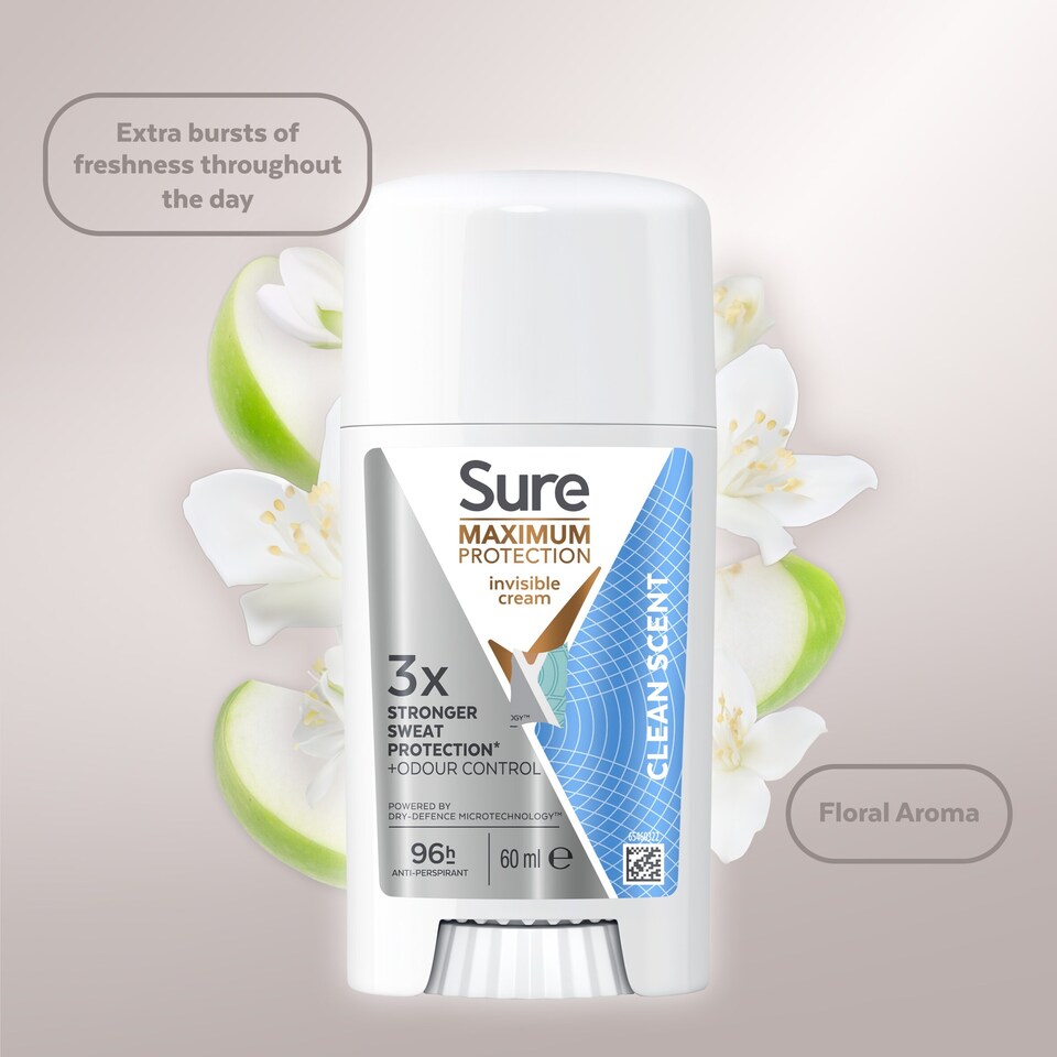 image 1 of Sure  Maximum Protection Clean Scent Odour Control Antiperspirant Deodorant Invisible Cream 60ml