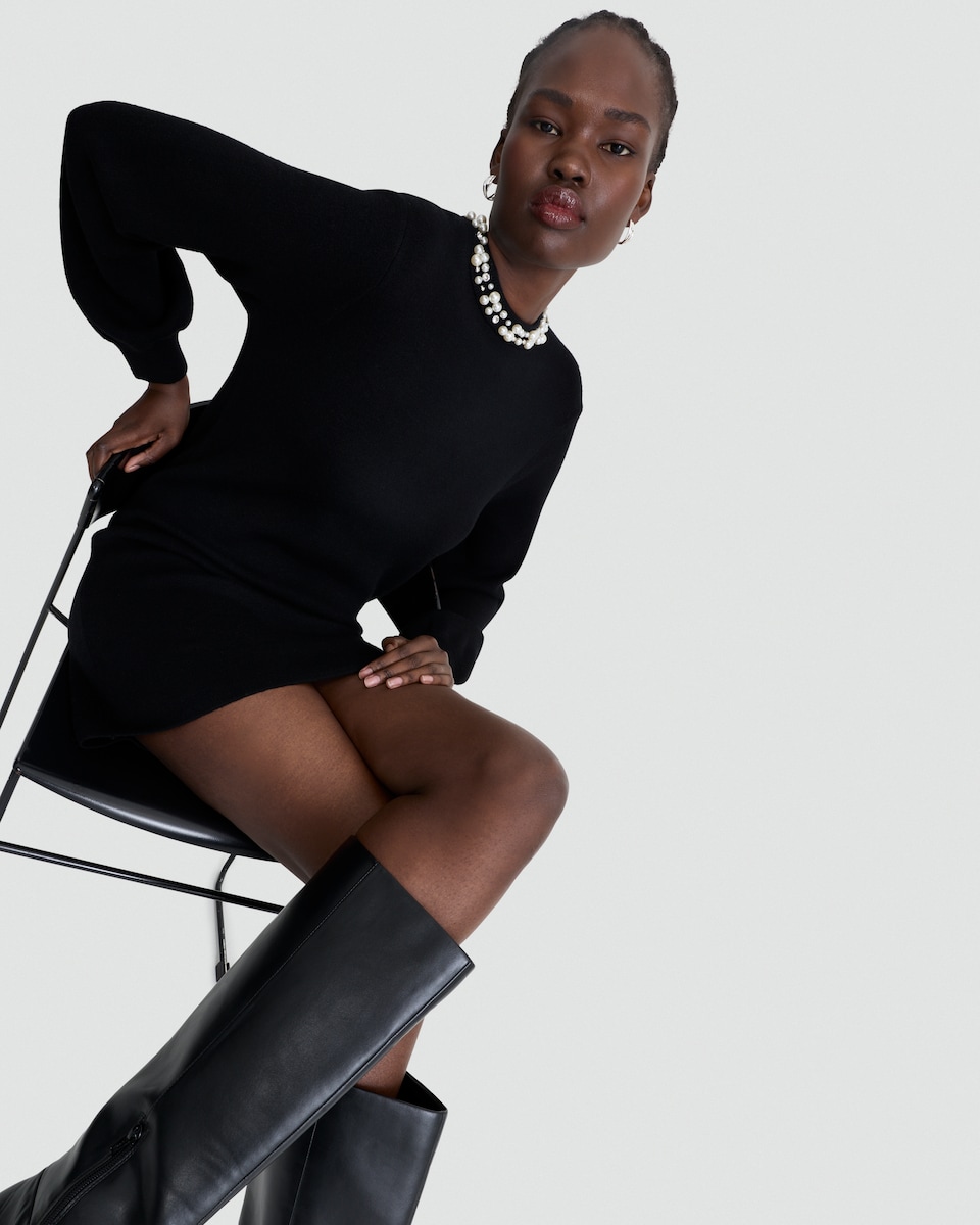 image 1 of F&F Pearl Embellished Trim Long Sleeved Mini Dress in Black