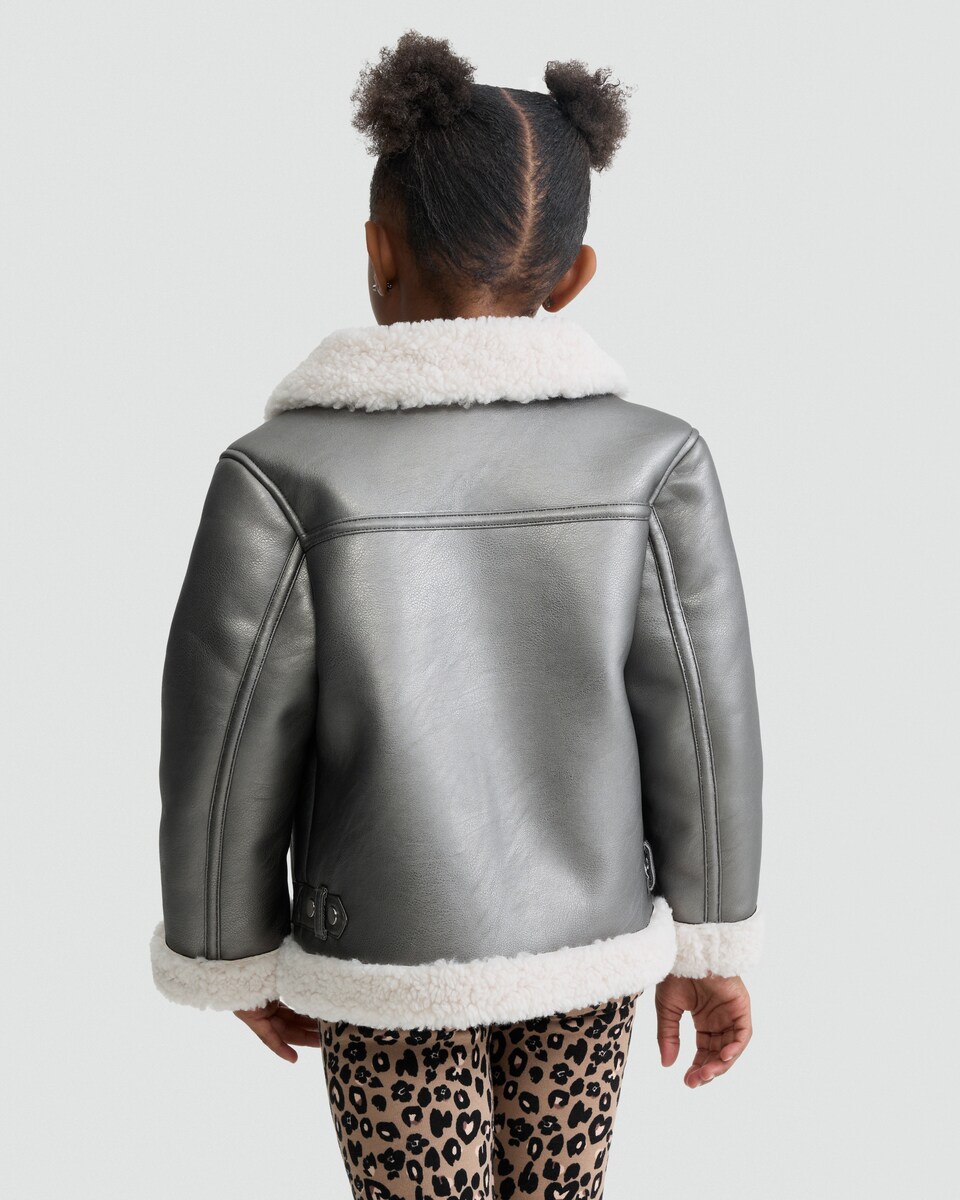image 1 of F&F Girls Faux Leather Shearling Collar Aviator Jacket in Silver