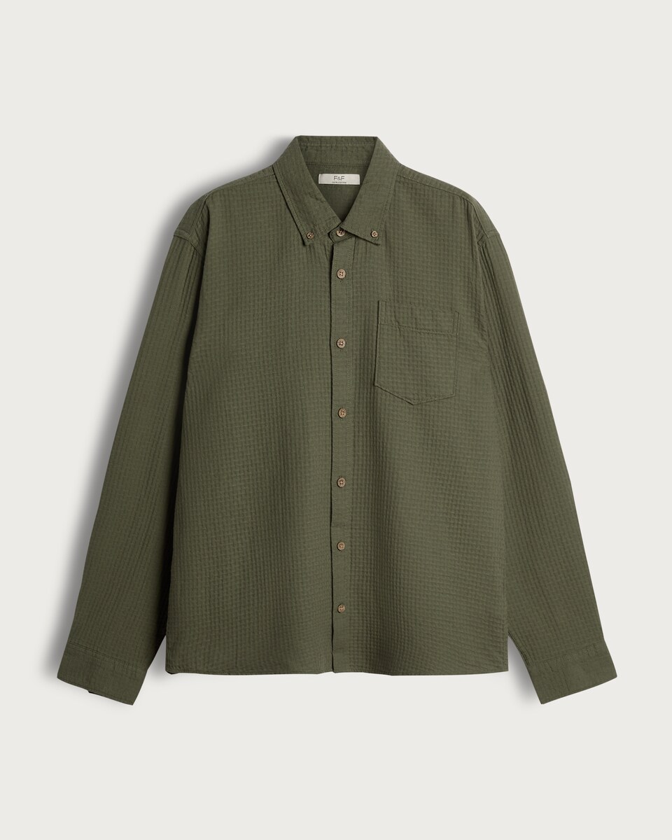 image 1 of F&F Pure Cotton Waffle Textured Button Down Shirt in Khaki