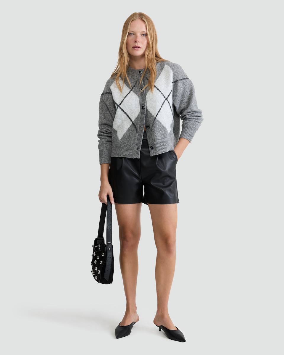 image 1 of F&F Knitted Argyle Print Button Up Cardigan with Wool in Grey