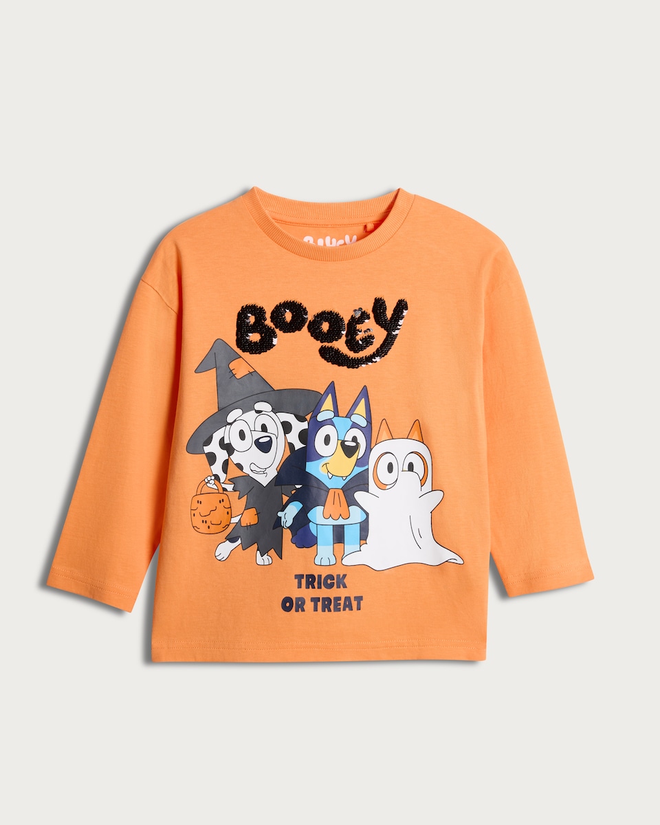 image 1 of Bluey Pure Cotton Booey Slogan Long Sleeved Top in Orange