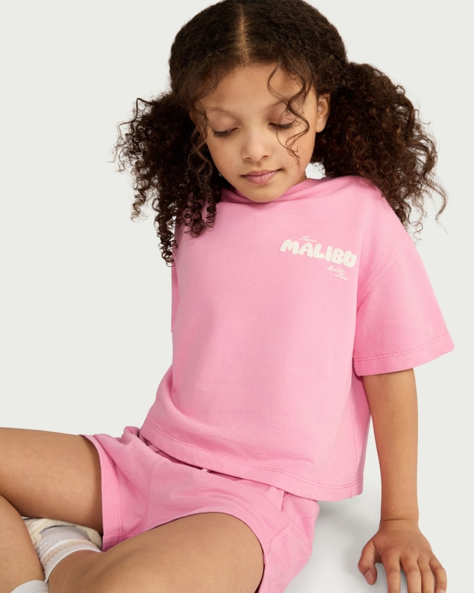 image 1 of F&F Girls Pure Cotton Malibu Print Co-ord T-Shirt in Pink