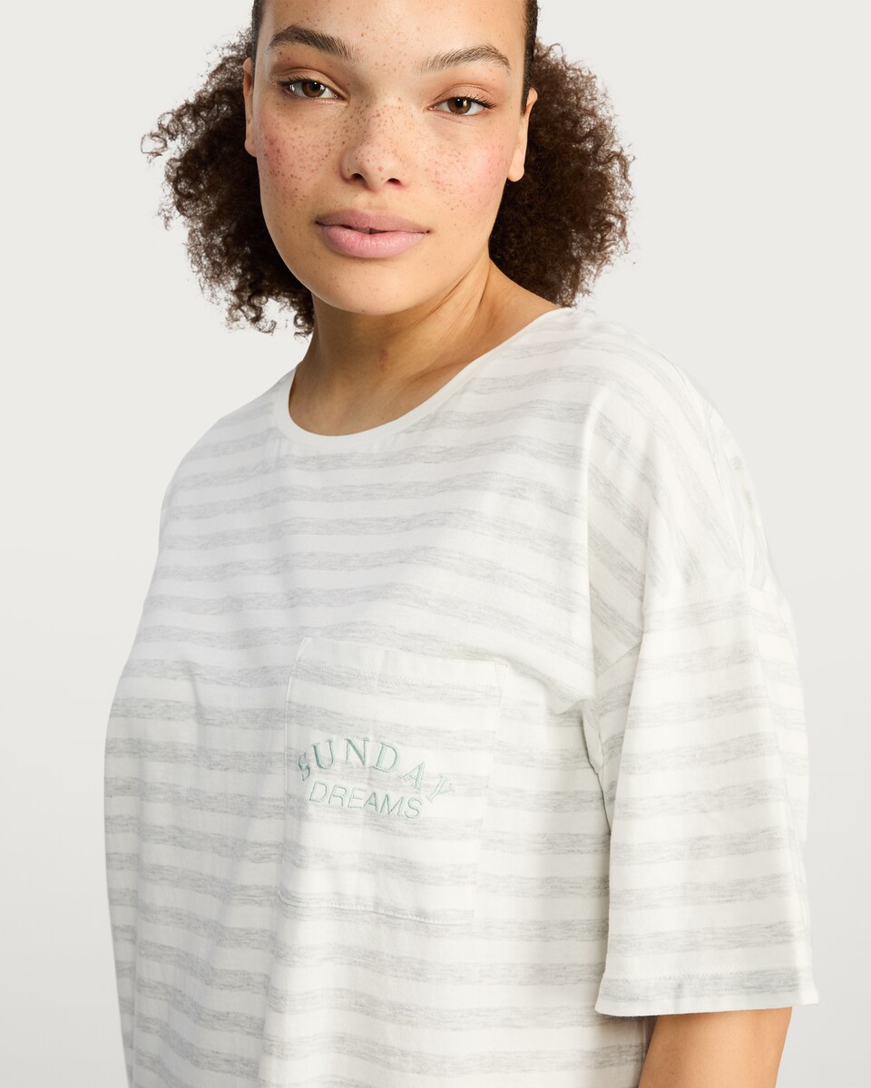 image 1 of F&F Cotton Rich Striped Slogan Nightdress in Multi Grey