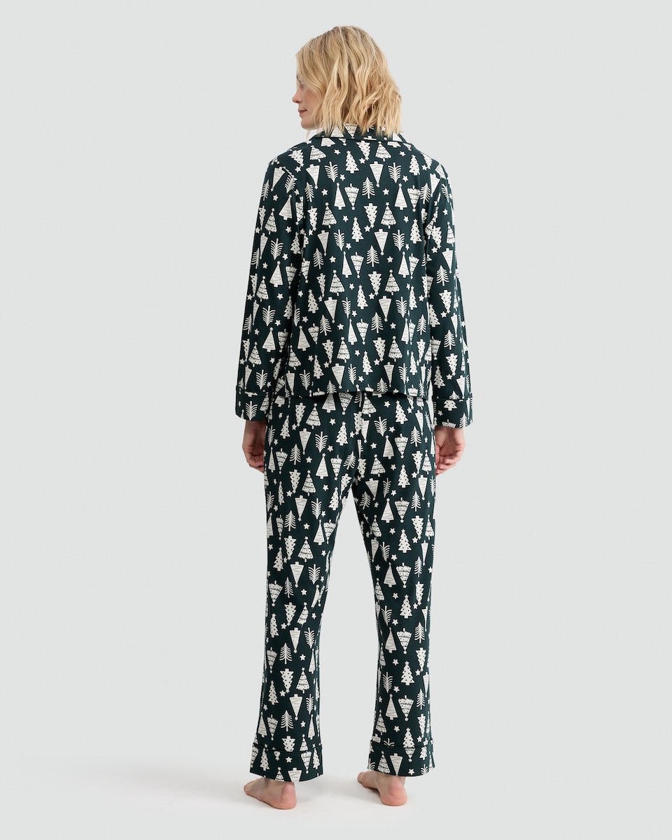 image 1 of F&F Pure Cotton Christmas Tree Print Shirt and Trousers Pyjamas in Green