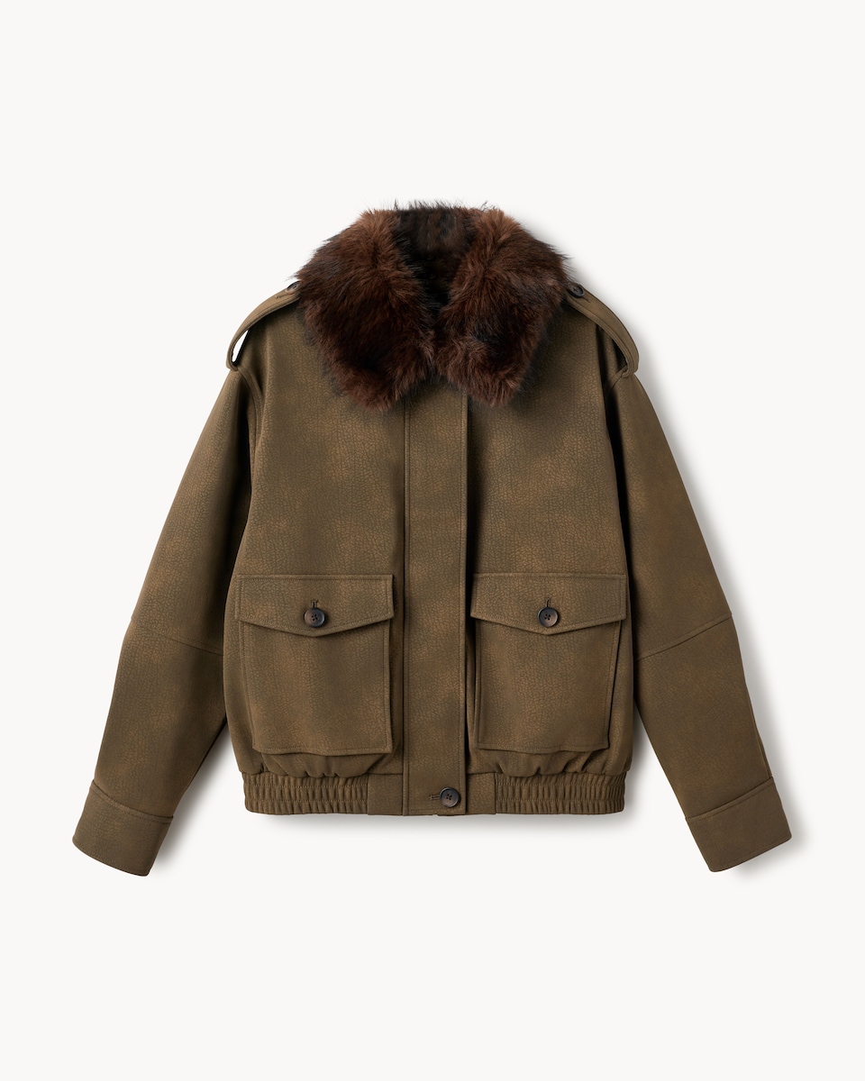 image 1 of F&F Faux Fur Collared Jacket in Khaki