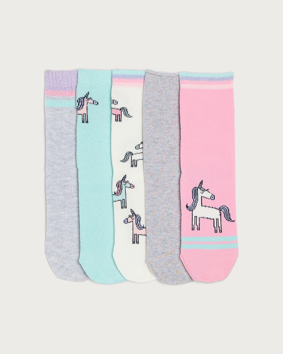 F&F Girls 5-Pack Cotton Rich Unicorn Print Ankle Socks in Multi