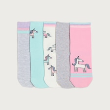 F&F Girls 5-Pack Cotton Rich Unicorn Print Ankle Socks in Multi