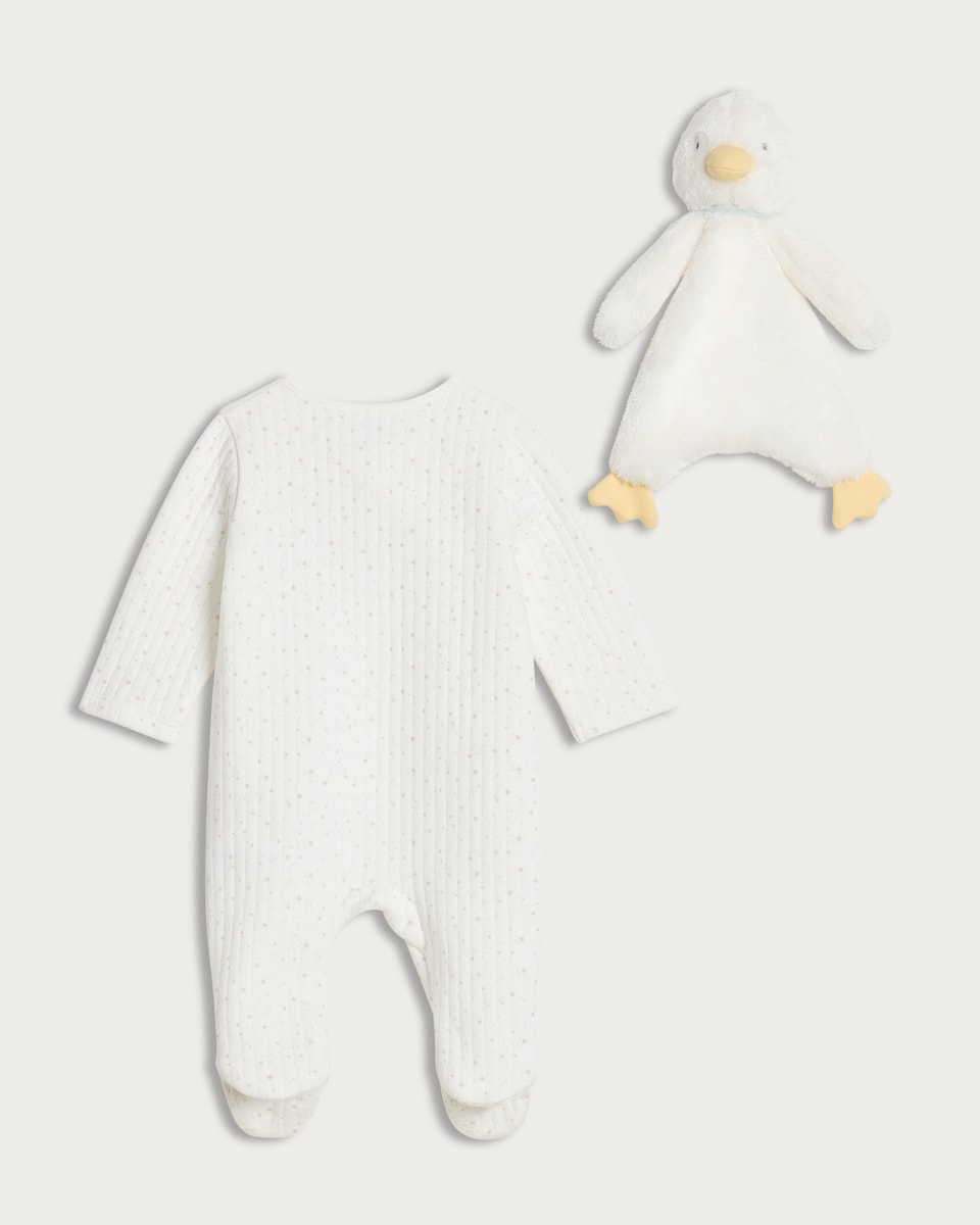 image 1 of F&F Baby Pure Cotton Duck Print Sleepsuit and Comforter Set in White