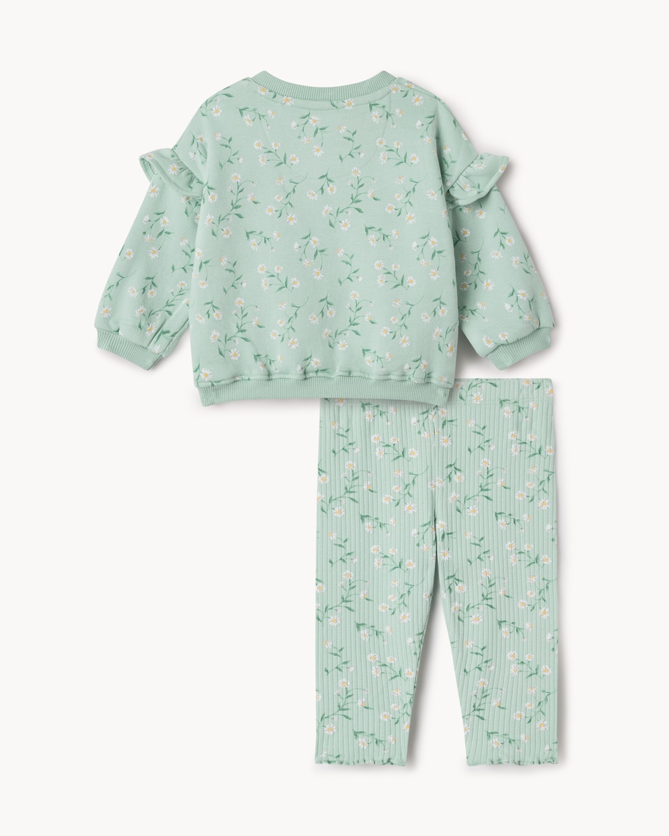 image 1 of F&F Baby 2-Piece Cotton Rich Floral Sweatshirt and Leggings Set in Mint