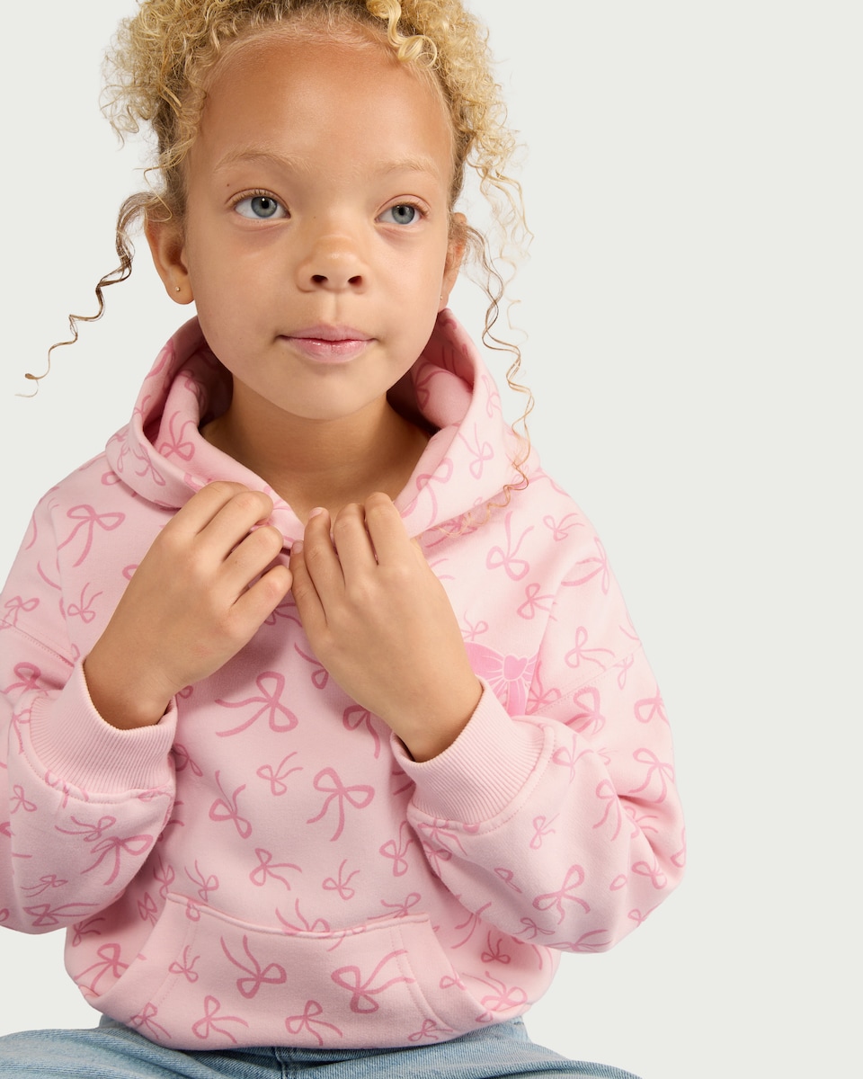 image 1 of F&F Girls Cotton Rich Bow Print Hoodie in Pink