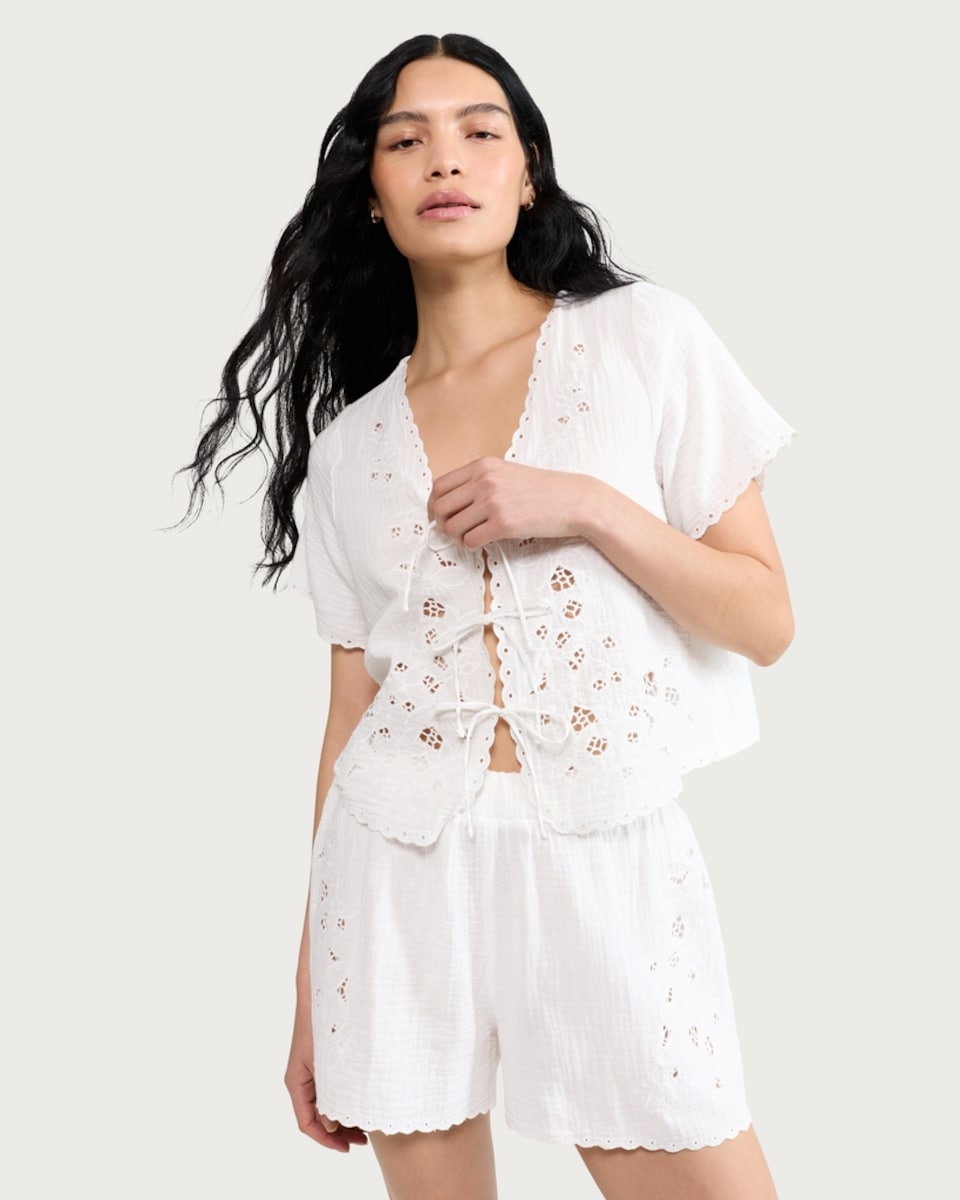 image 1 of The F&F Edit Pure Cotton Double Cloth Embroidered Tie Front Pyjama Top in White