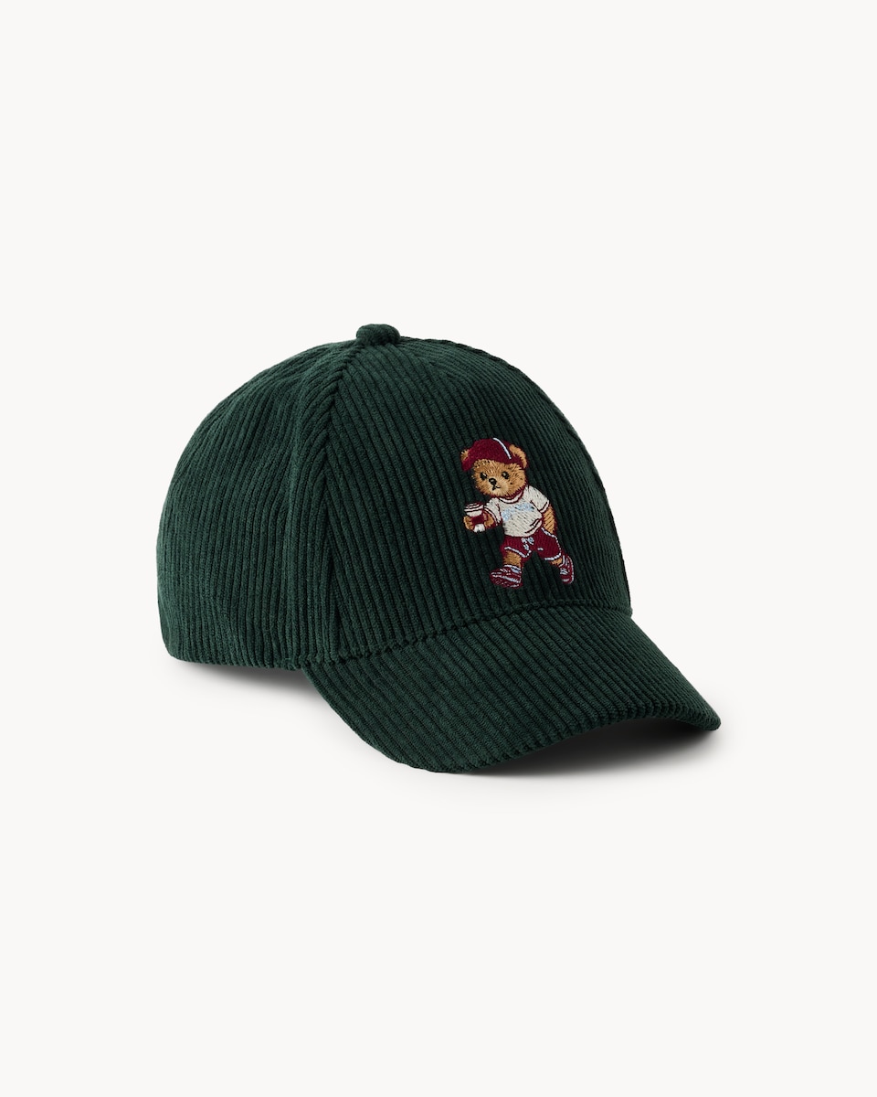 image 1 of F&F Boys Corduroy Embroidered Bear Cap in Green