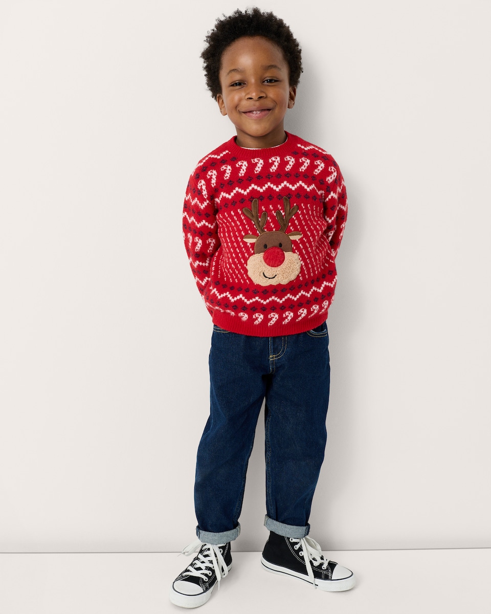 image 1 of Christmas Boys Reindeer Jumper in Red