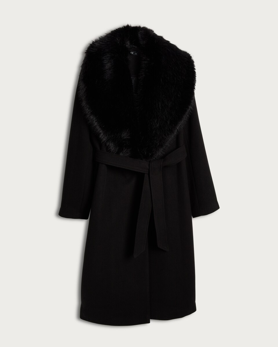 image 1 of F&F Faux Fur Collar Belted Formal Coat in Black