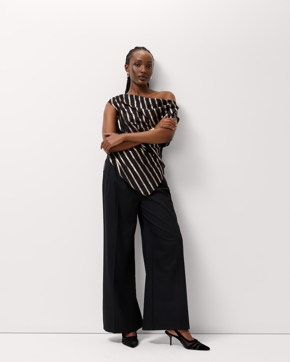 image 1 of F&F Satin Sparkly Striped Draped Top in Chocolate