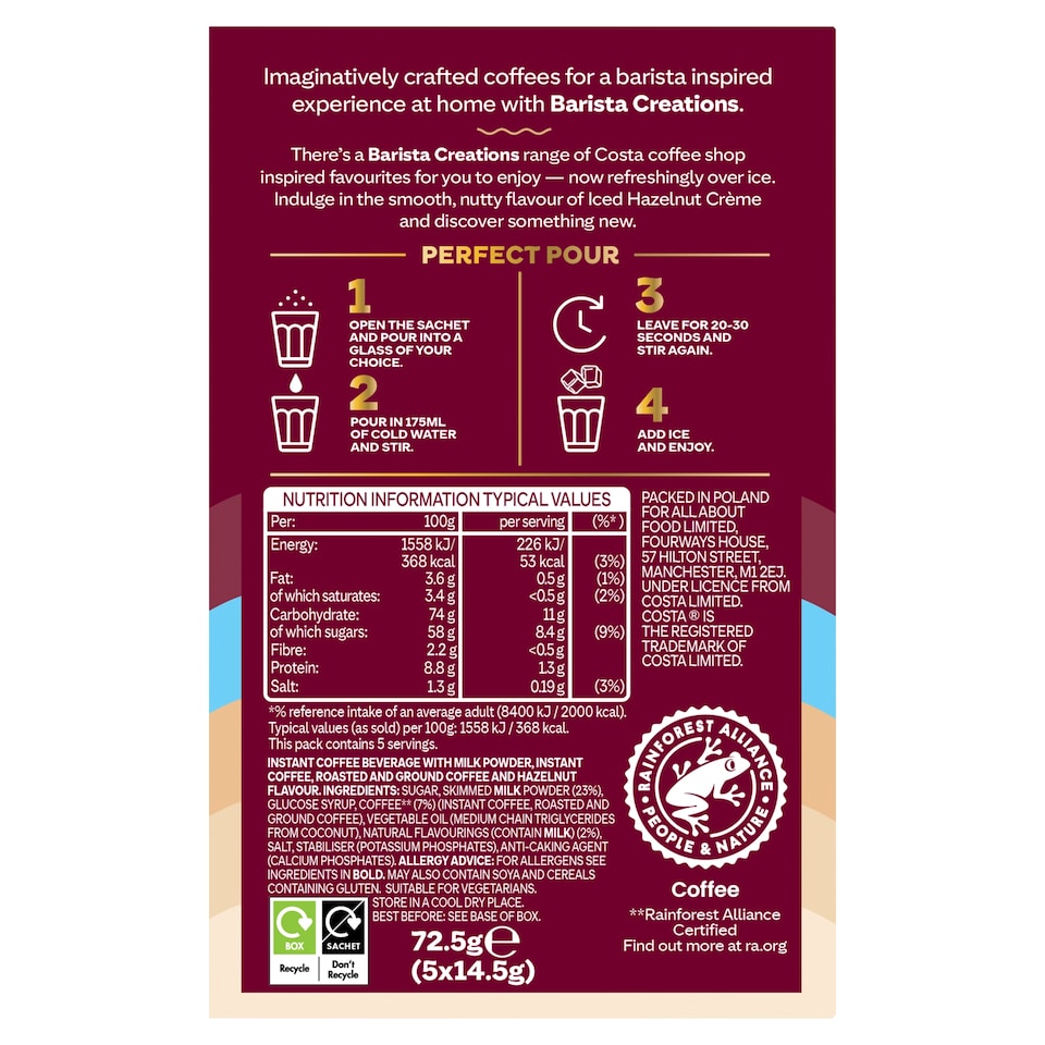 image 1 of COSTA Coffee Iced Hazelnut crème 5x14.5g