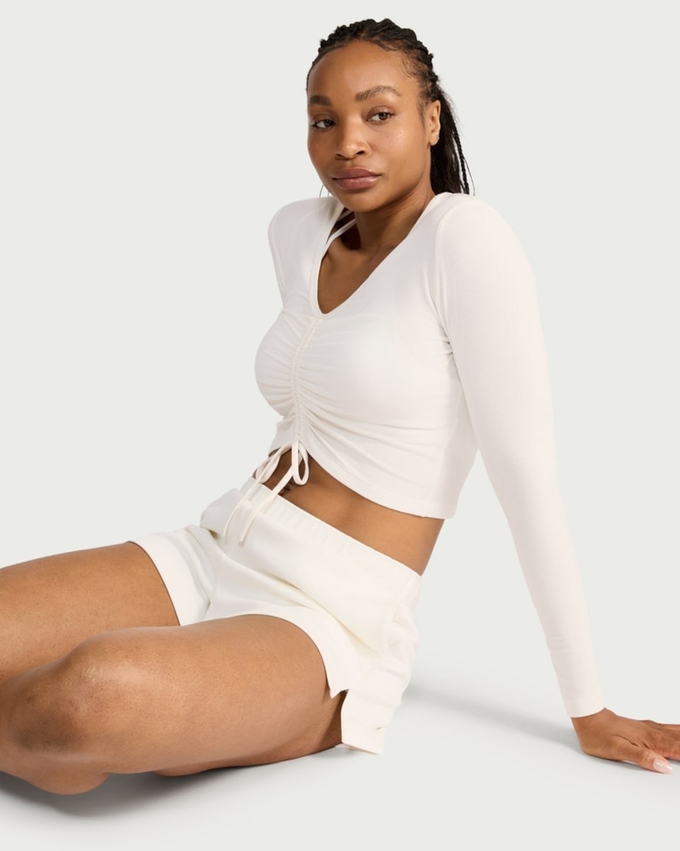 image 1 of F&F Active ULTRASTRETCH Modal Rich Ribbed Long Sleeved T-Shirt in Cream