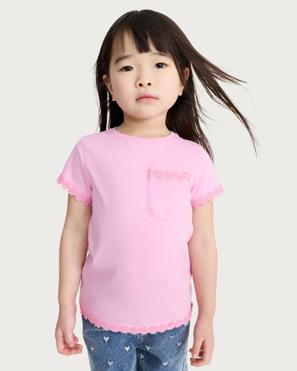 image 1 of F&F Girls Pure Cotton Floral Trim T-Shirt in Pink