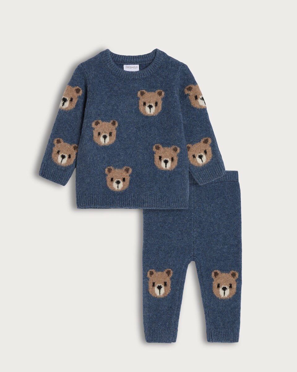 image 1 of F&F Baby 2-Piece Knitted Bear Jumper and Leggings Set in Blue