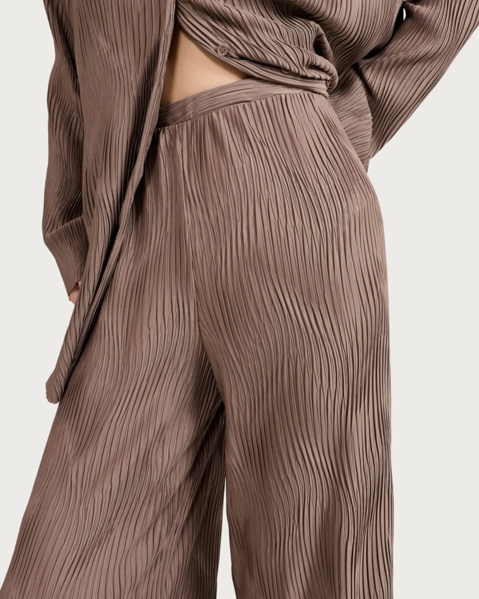 image 1 of F&F Plisse Wave Textured Wide Leg Co-ord Trousers in Brown
