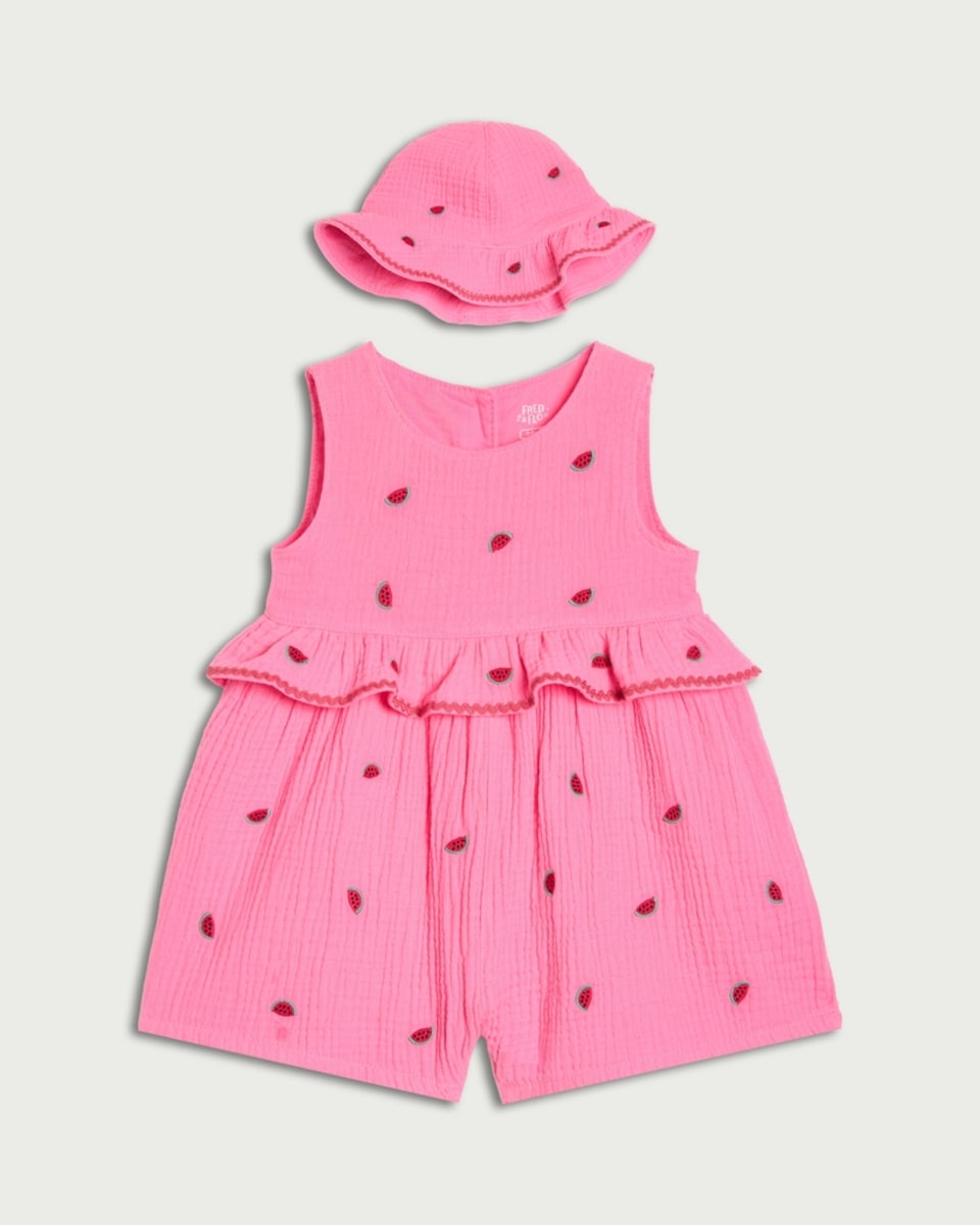 image 1 of F&F Baby 2-Piece Pure Cotton Textured Watermelon Print Romper and Hat Set in Pink