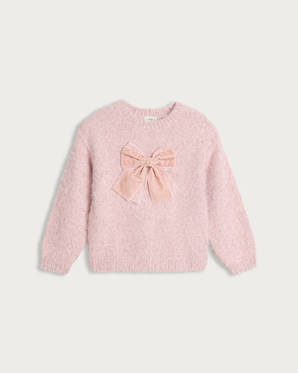 image 1 of F&F Girls Sparkle Velvet Bow Jumper in Pink