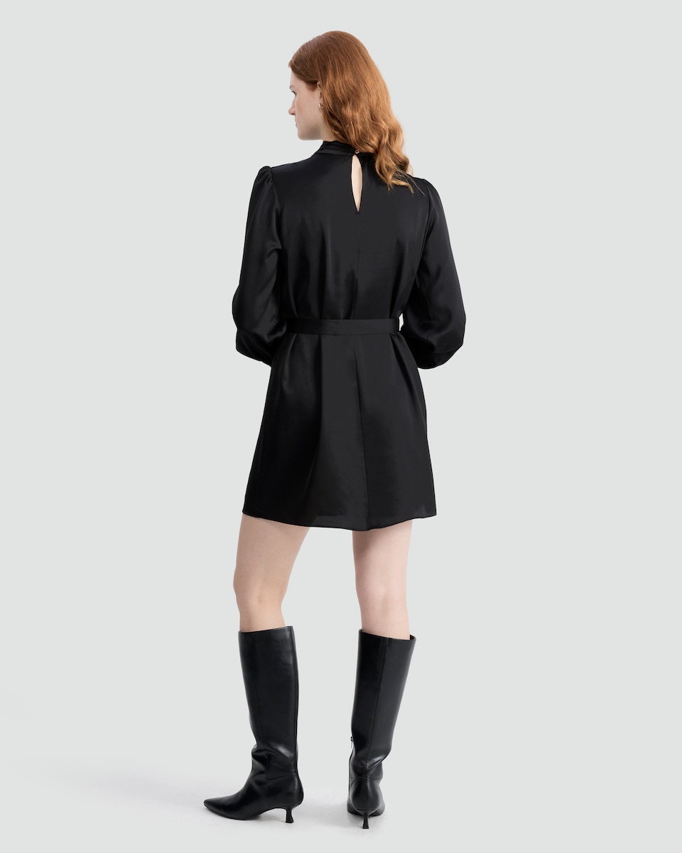 image 1 of F&F Faux Satin Tie Neck Mini Dress in Black