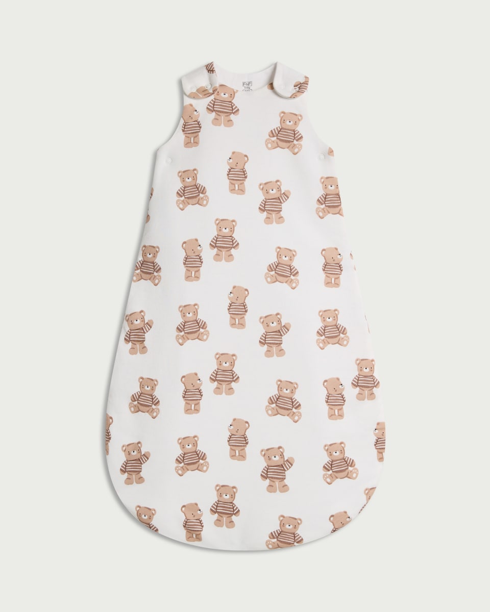 image 1 of F&F Baby Pure Cotton Teddy Bear Print 2.5 Tog Sleeping Bag in White