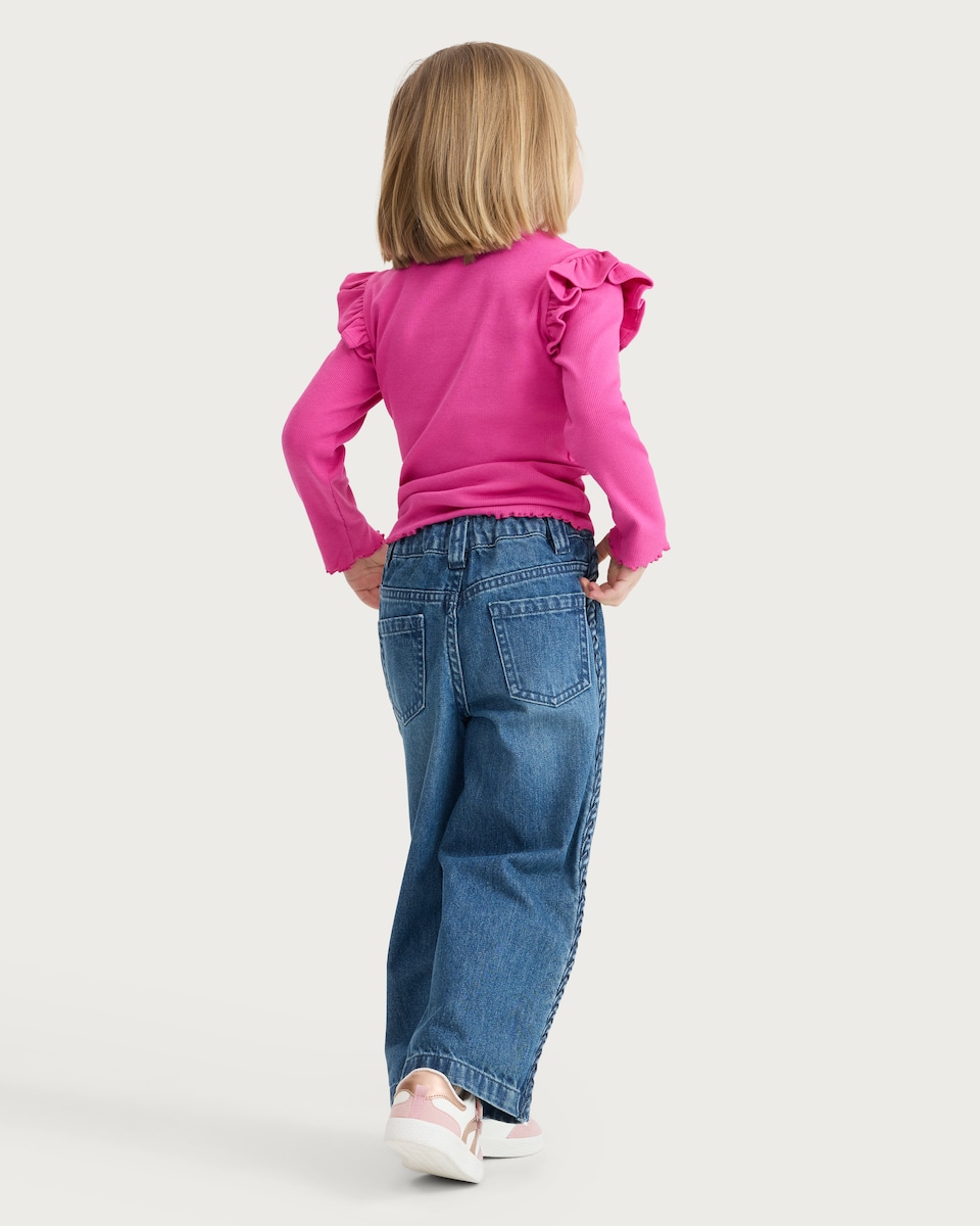 image 1 of F&F Girls Pure Cotton Braided Side Wide Leg Jeans in Blue