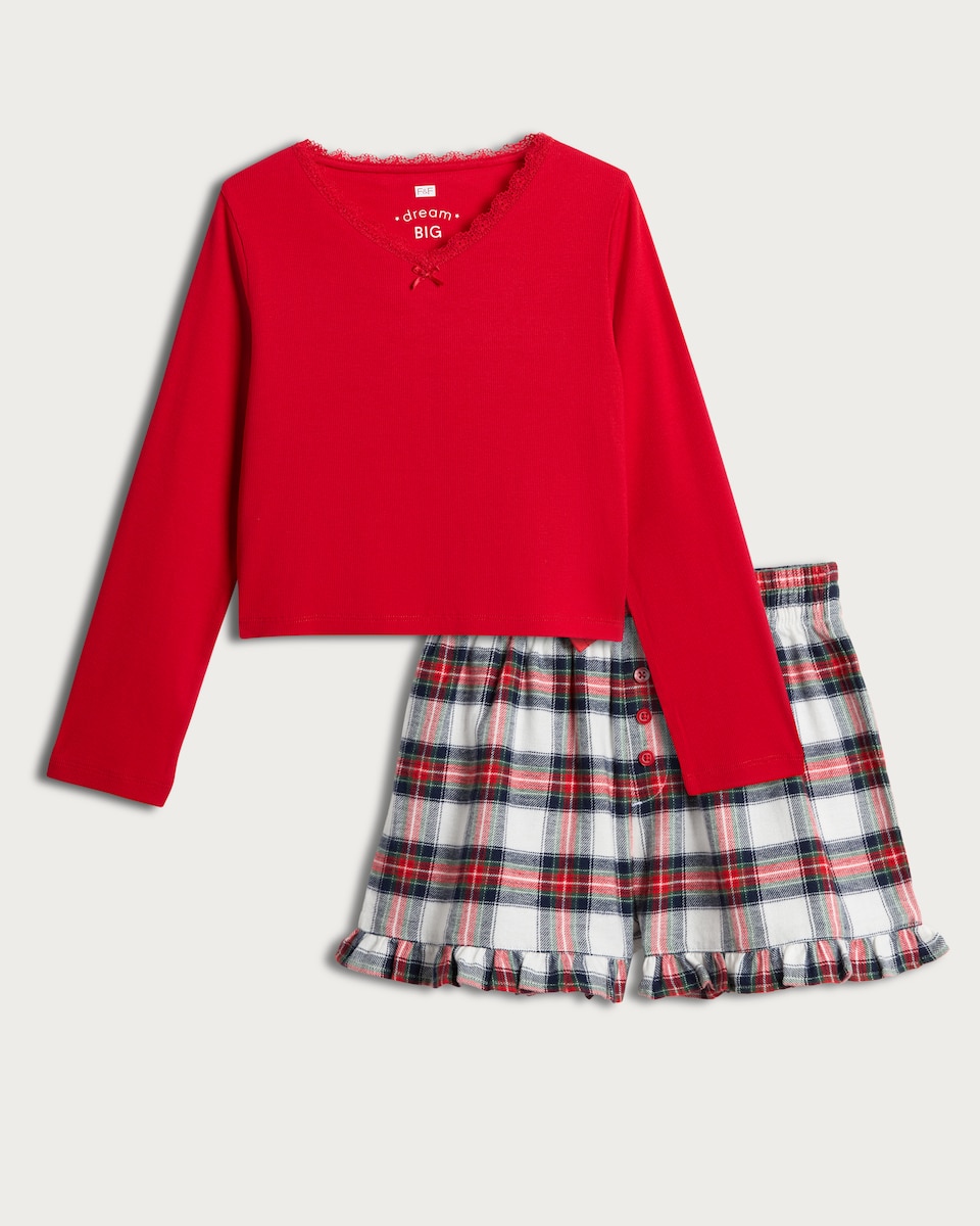 image 1 of F&F Girls Lace Trim Top and Check Print Shorts Pyjamas in Red Multi