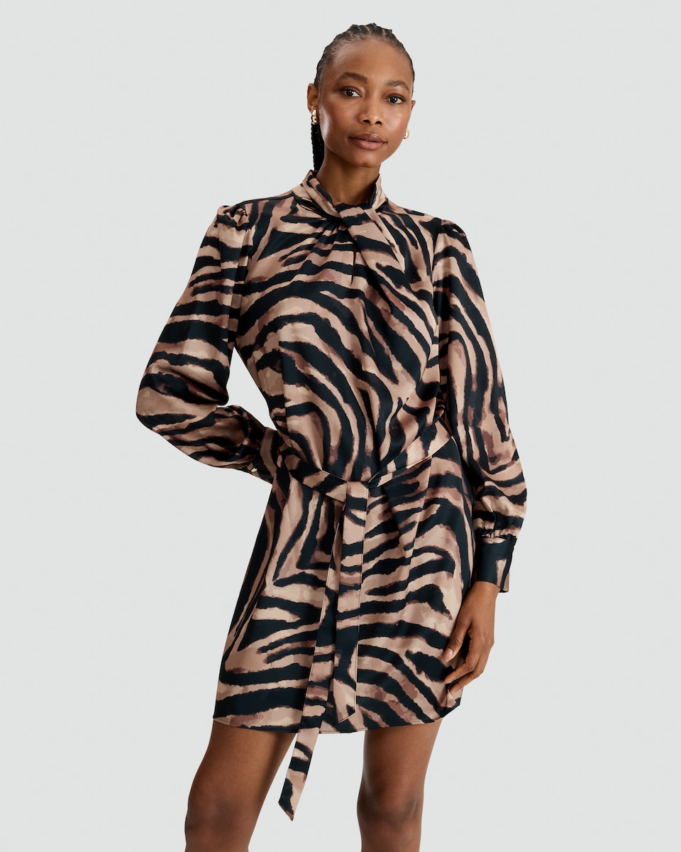 image 1 of F&F Satin Zebra Print Tie Neck Long Sleeved Dress in Multi Brown