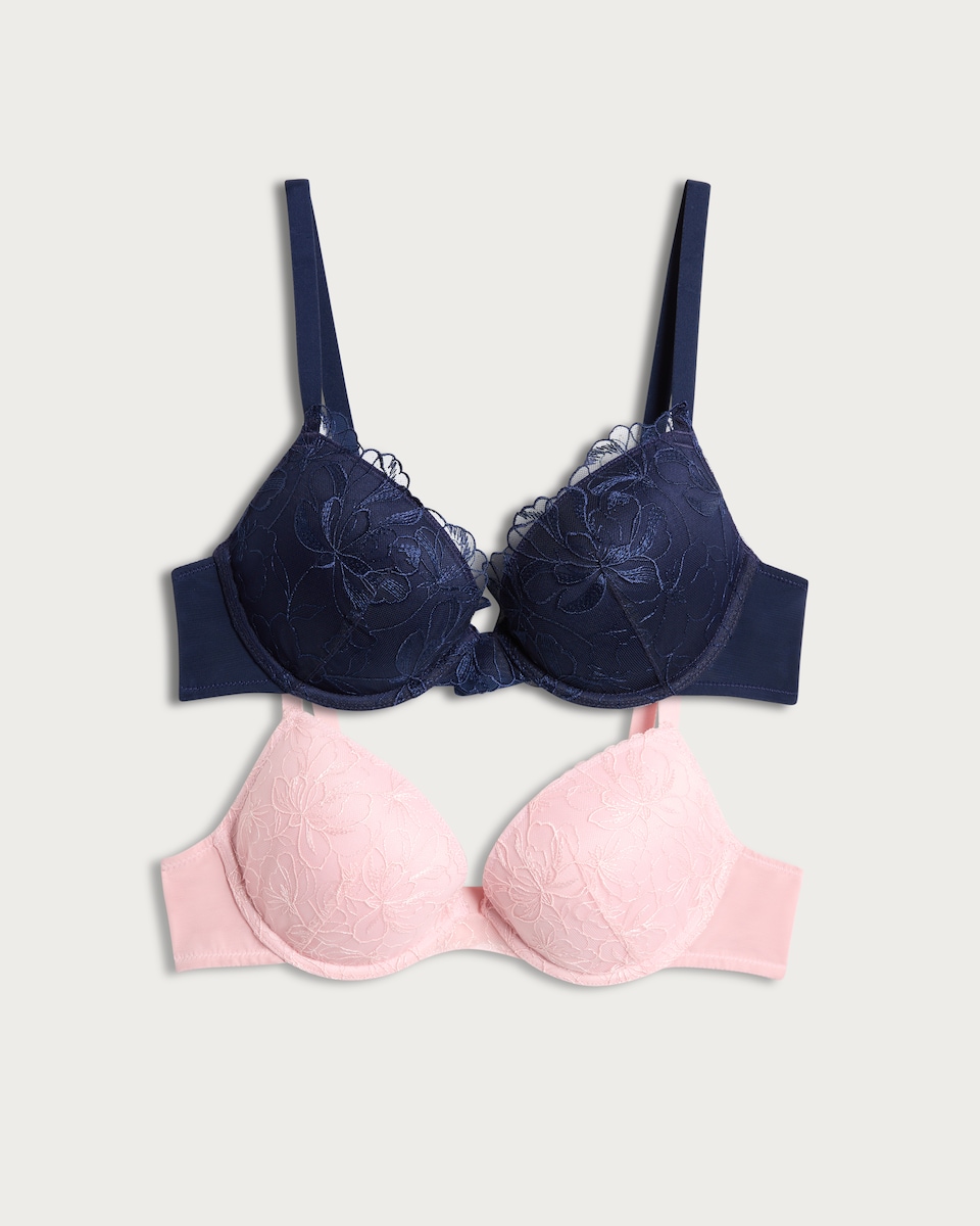 image 1 of F&F 2-Pack Floral Lace Underwired Push Up Bra  in Navy