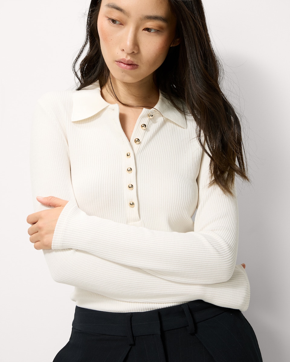 image 1 of F&F Ribbed Collared Top in Cream
