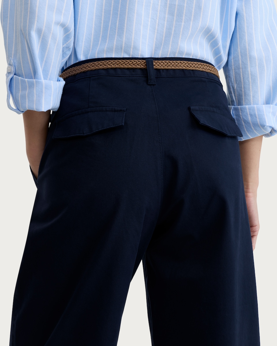 image 1 of F&F Cotton Rich Belted Tapered Mid Rise Chino Trousers in Navy