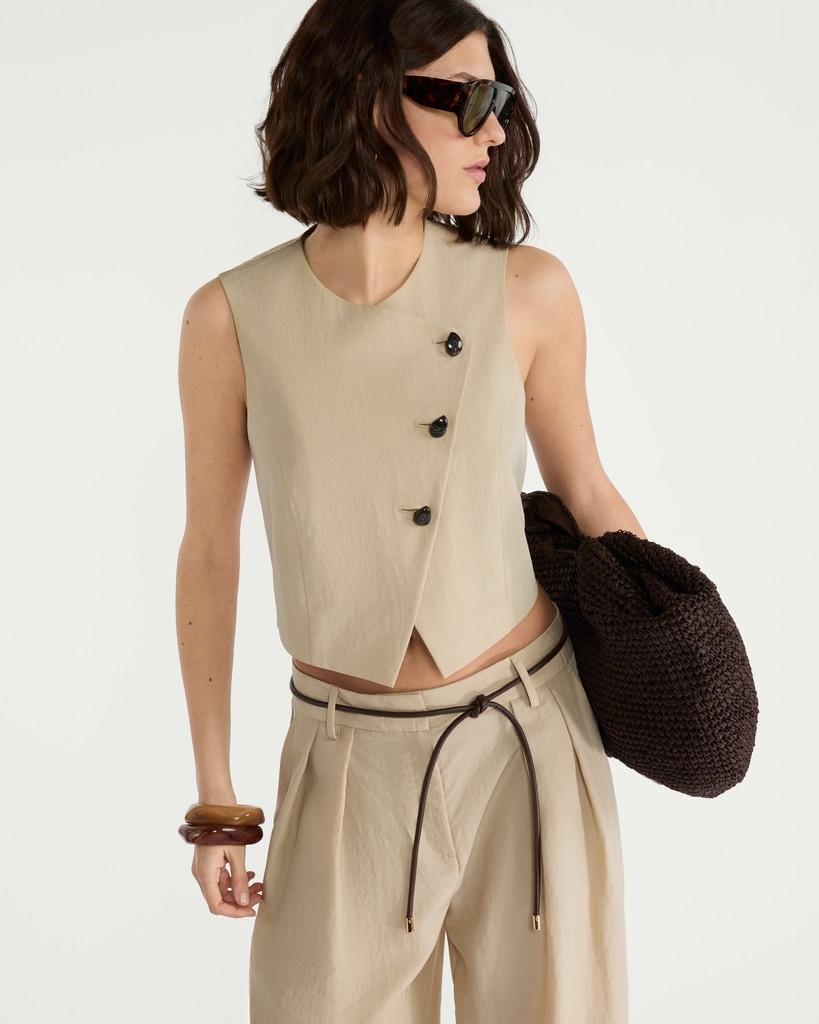 The F&F Edit Lyocell Rich Button Up Asymmetric Co-ord Waistcoat in Cream