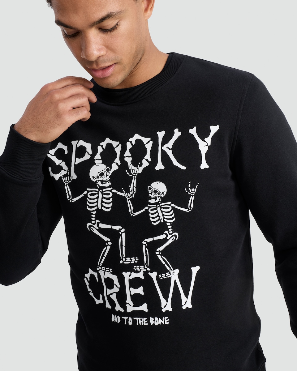 image 1 of F&F Cotton Rich Spooky Crew Skeleton Print Sweatshirt in Black
