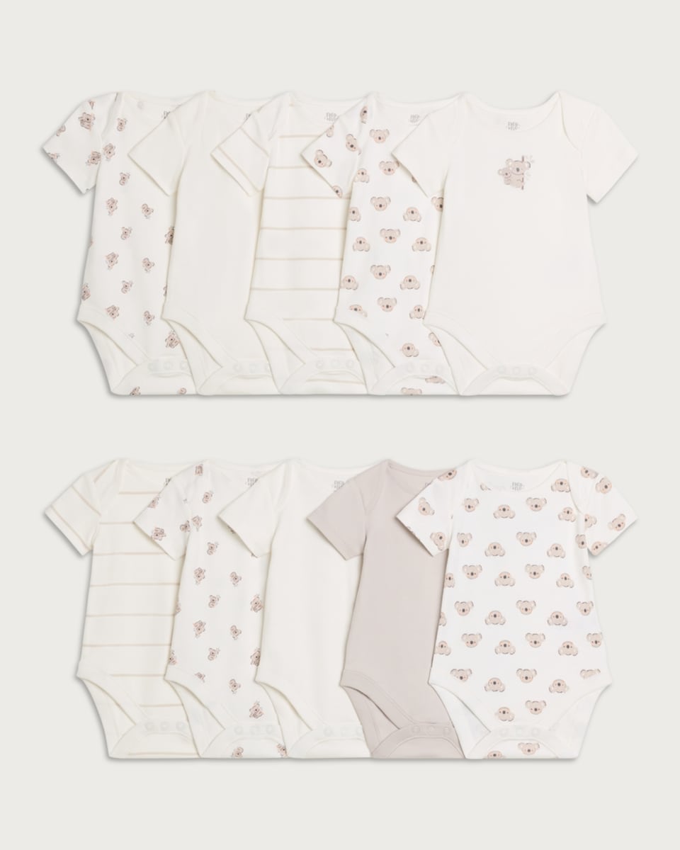 image 1 of F&F Baby 10-Pack Pure Cotton Koala Print Short Sleeved Bodysuits in White