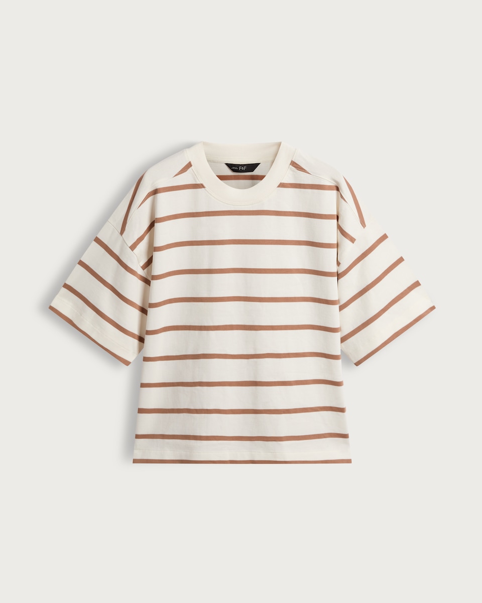 image 1 of The F&F Edit Pure Cotton Striped Boxy Fit T-Shirt in Multi Brown