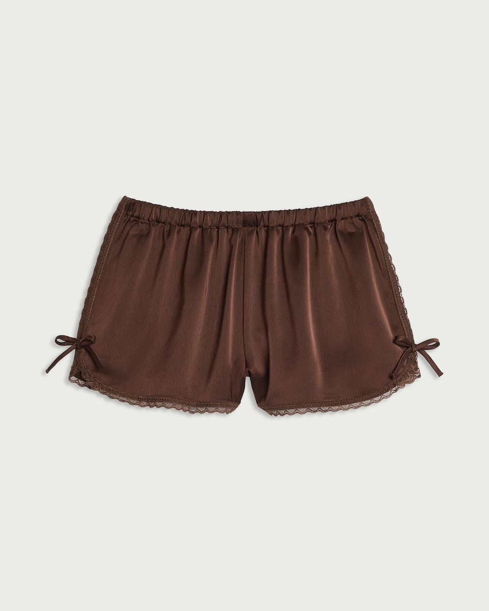 OH ME OH MY Satin Lace Trim Shorts in Chocolate