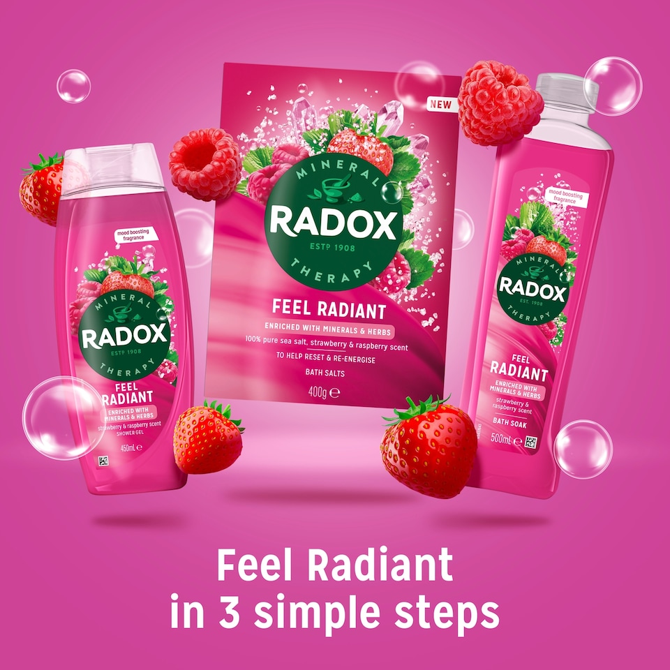 image 1 of Radox Strawberry Feel Radiant Bath Soak Bubble Bath 500ml