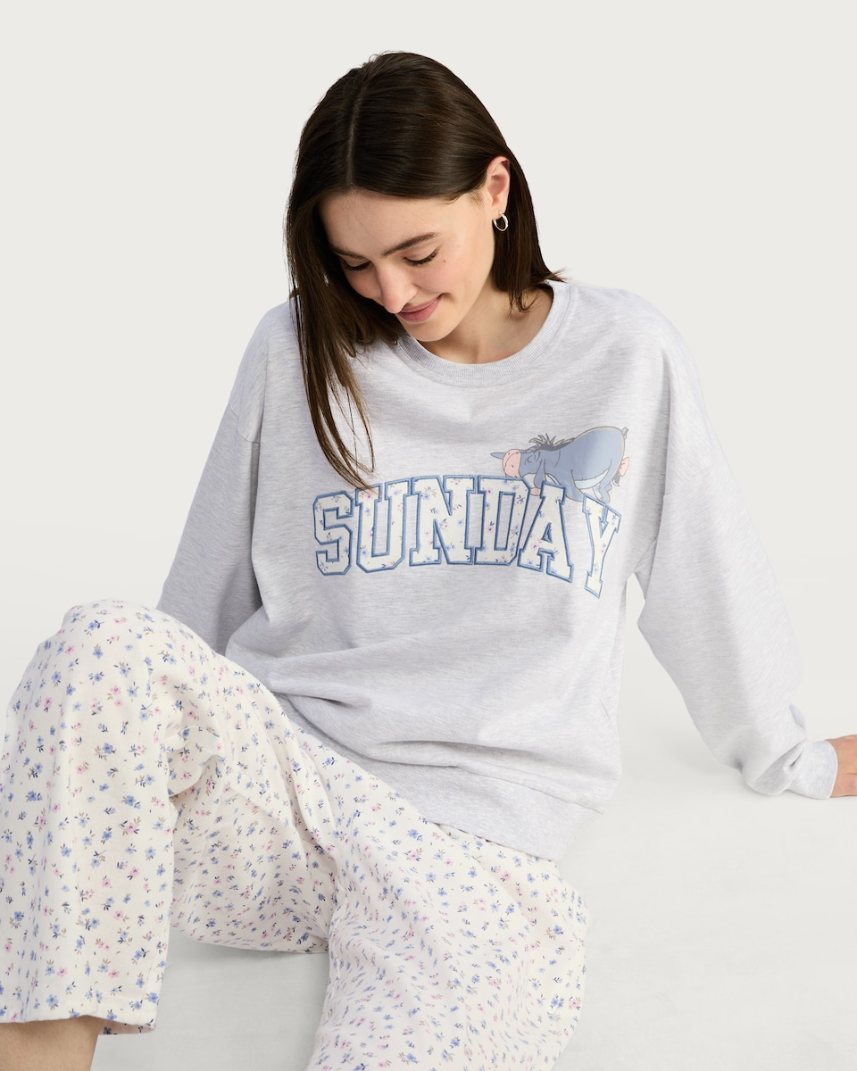 image 1 of Disney Winnie the Pooh Eeyore Cotton Rich Sunday Slogan Pyjama Set in Multi Grey