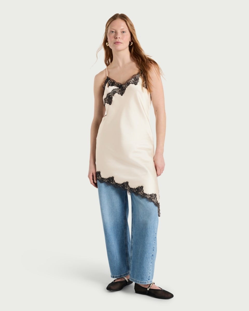 image 1 of F&F Asymmetric Lace Trim Slip Dress in Cream