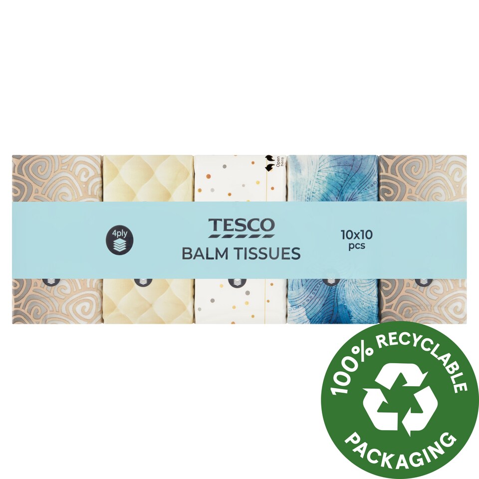 Tesco Papierové vreckovky s balzamom 4 vrstvy 10 x 10 ks