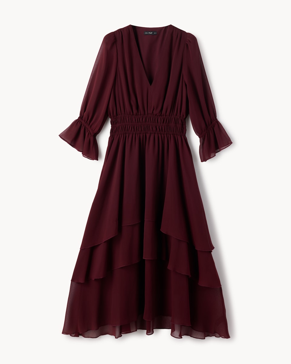 image 1 of F&F Chiffon Tiered Midi Dress in Burgundy