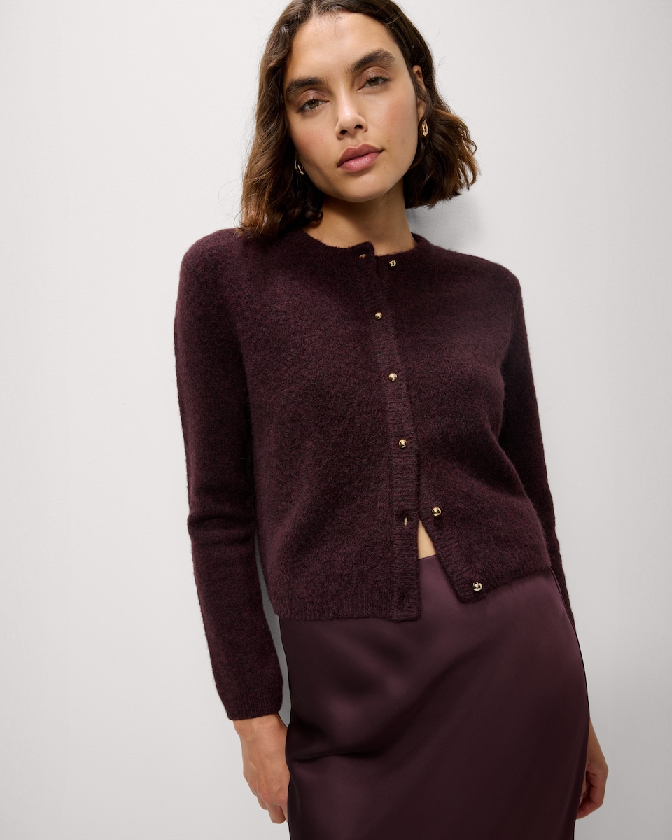 image 1 of F&F Crew Neck Cardigan in Burgundy