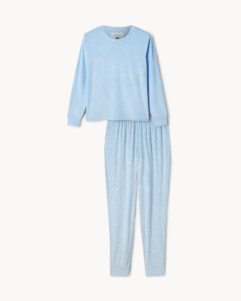 image 1 of F&F Fleece Ribbed Heart Print Pyjama Set in Blue