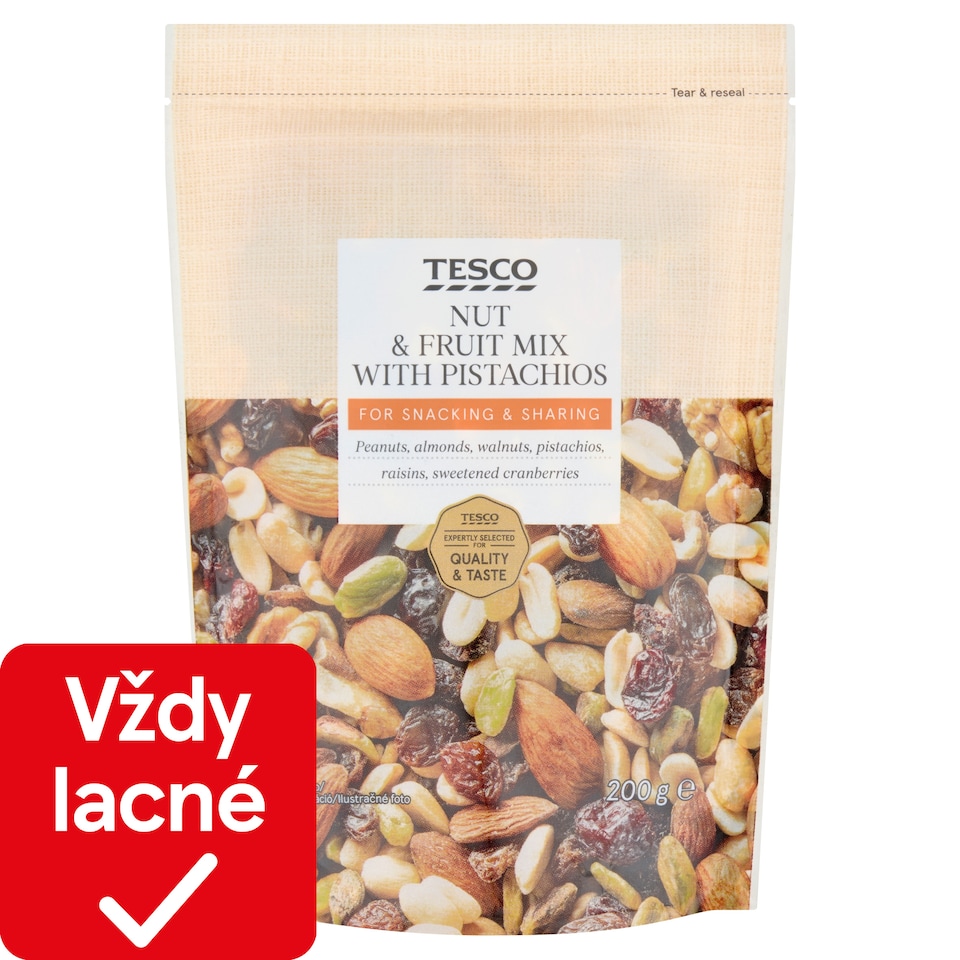 Tesco Zmes jadier lúpaných sušených škrupinových plodov so sušeným a presladeným ovocím 200 g
